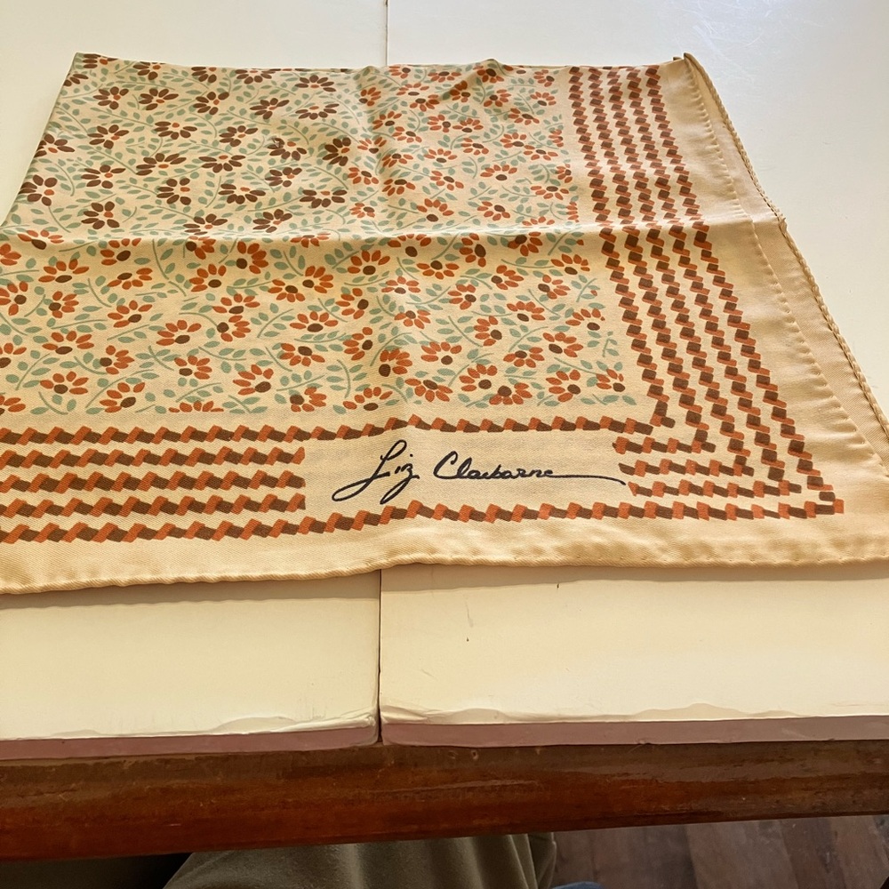 Liz Claiborne Peach Floral Silk Scarf with Rust and Mint Flowers